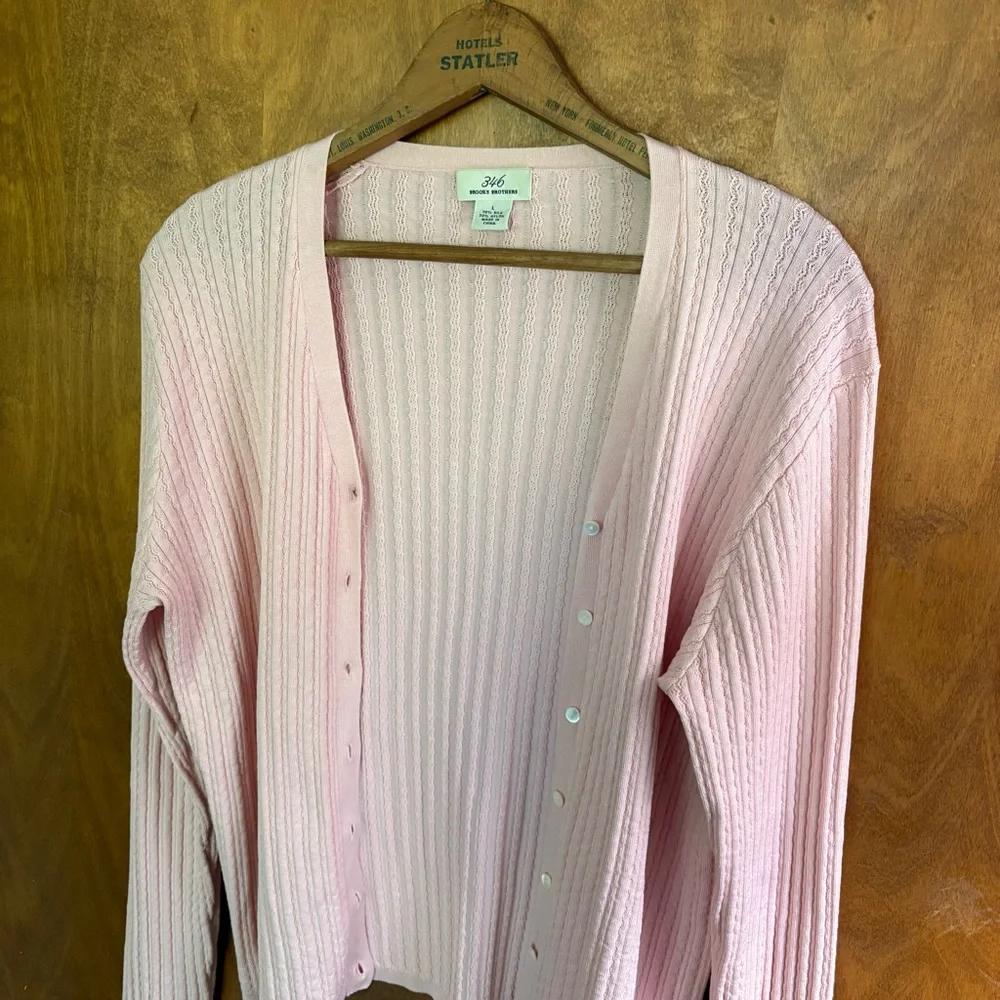 Vintage Brooks Brothers Pastel Pink Cable Knit Button Down Cardigan Silk Large - Picture 5 of 13